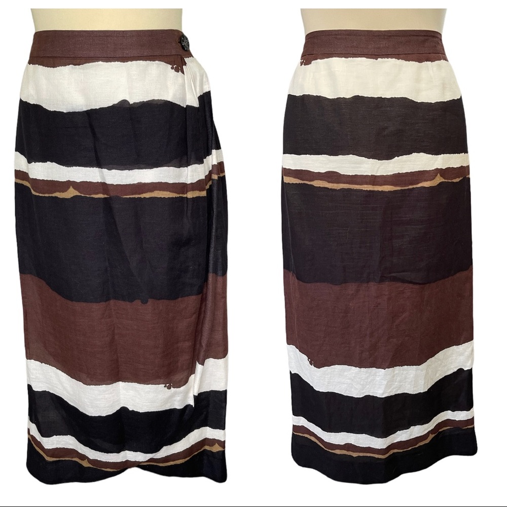 Anthropologie Nic + Zoe linen cotton black brown white striped wrap midi skirt 8